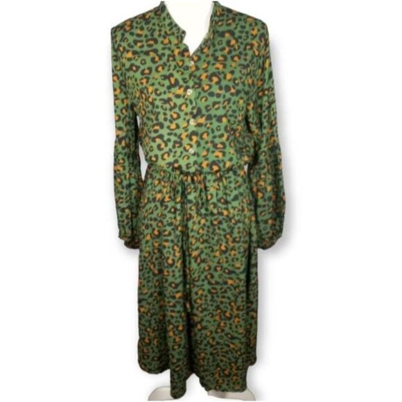KIRUNDO GREEN LONG SLEEVE LEOPARD PRINT SHIRT DRESS SZ. L NWT. - Picture 3 of 12